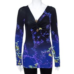 Roberto Cavalli Purple Floral Print Jersey Ruched Top